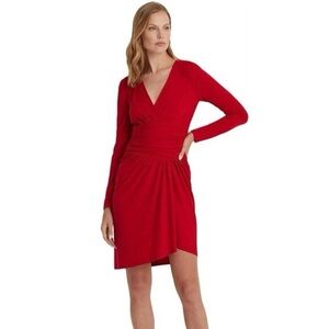 Ralph Lauren Red Ruched Stretch Jersey Surplice Dress Size 8 NWT